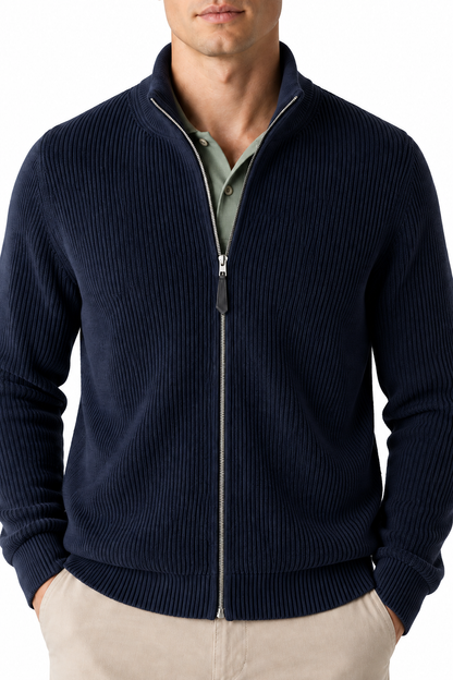 Ventorino Men's Zip Cardigan Heavyweight Knit Stand Collar | Ventorino in Navy Blue — garment and fabric detail