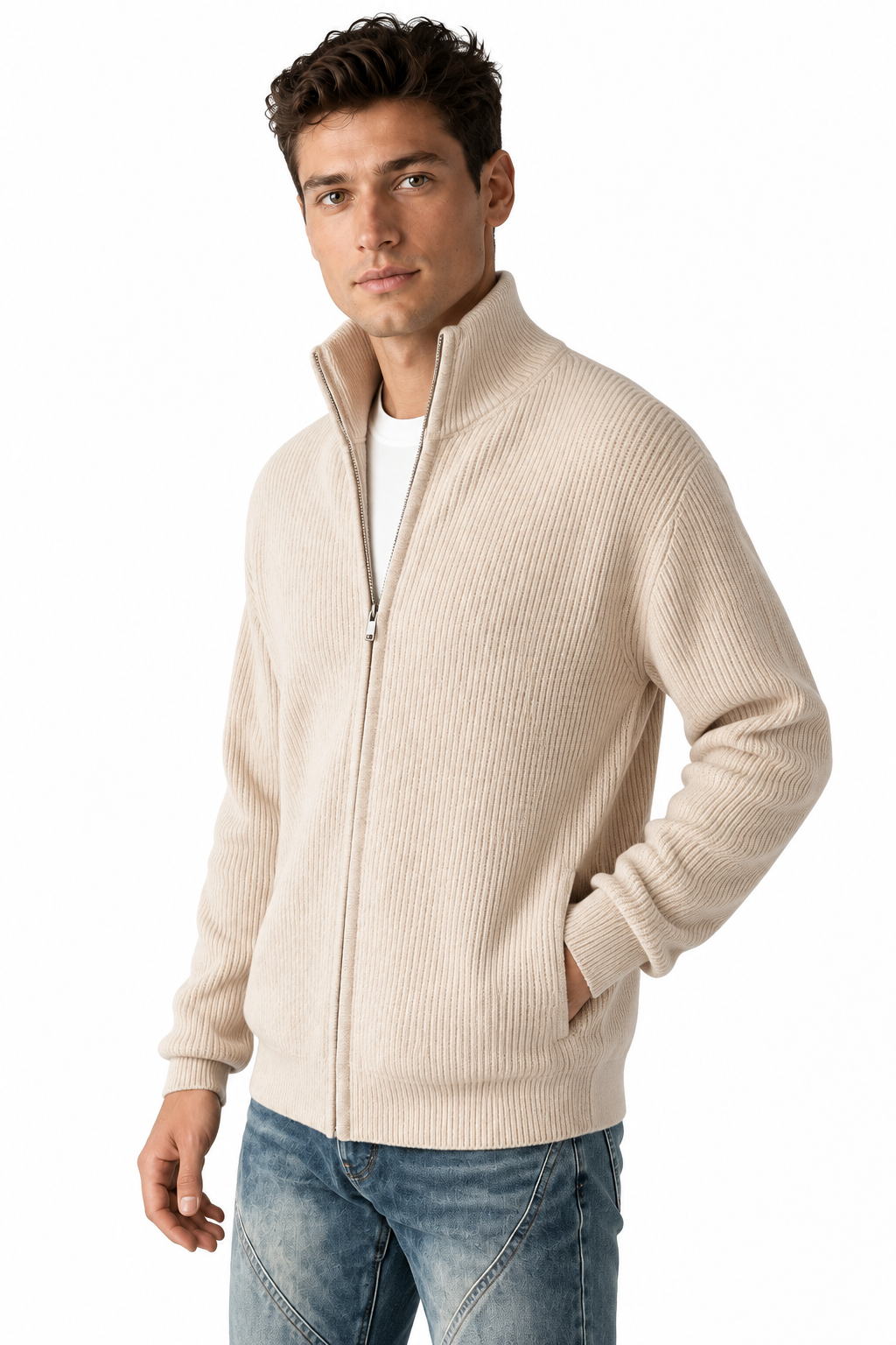 Ventorino Men's Zip Cardigan Heavyweight Knit Stand Collar | Ventorino in Apricot — model three-quarter view
