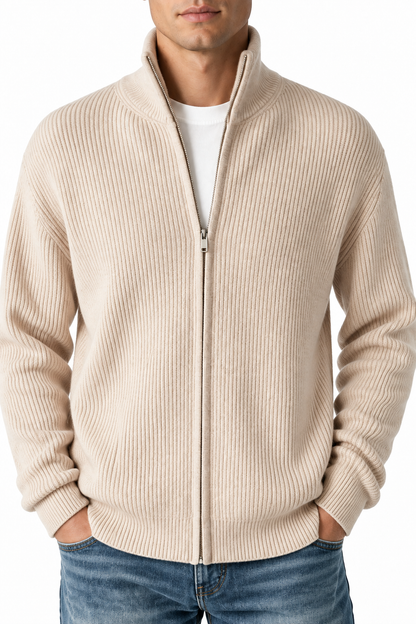 Ventorino Men's Zip Cardigan Heavyweight Knit Stand Collar | Ventorino in Apricot — garment and fabric detail