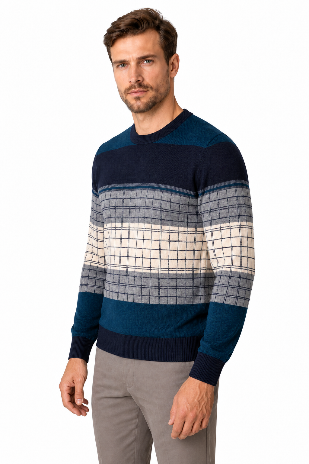 Ventorino Men's Sweater Geometric Pattern Crew Neck | Ventorino in Milky white — model three-quarter view