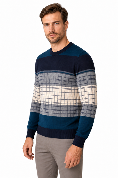 Ventorino Men's Sweater Geometric Pattern Crew Neck | Ventorino in Milky white — model three-quarter view