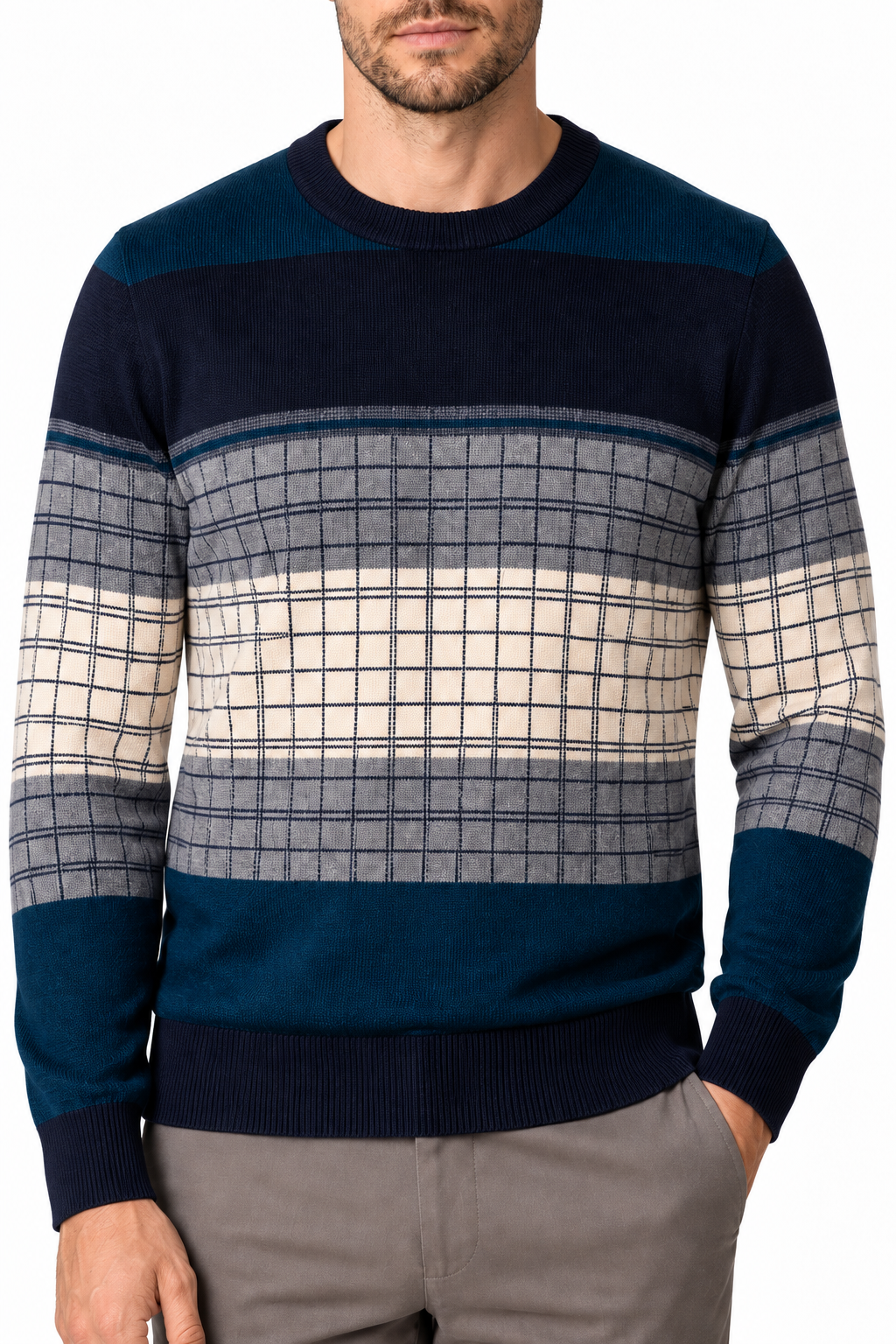 Ventorino Men's Sweater Geometric Pattern Crew Neck | Ventorino in Milky white — garment and fabric detail