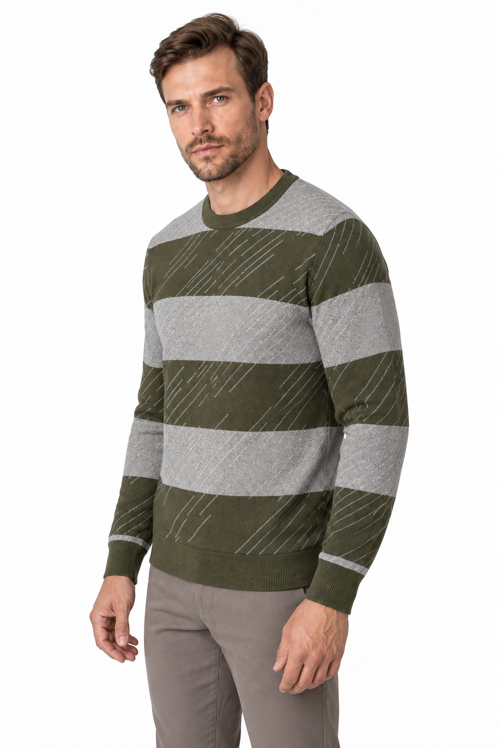 Ventorino Men's Sweater Geometric Pattern Crew Neck | Ventorino in Army Green — model three-quarter view