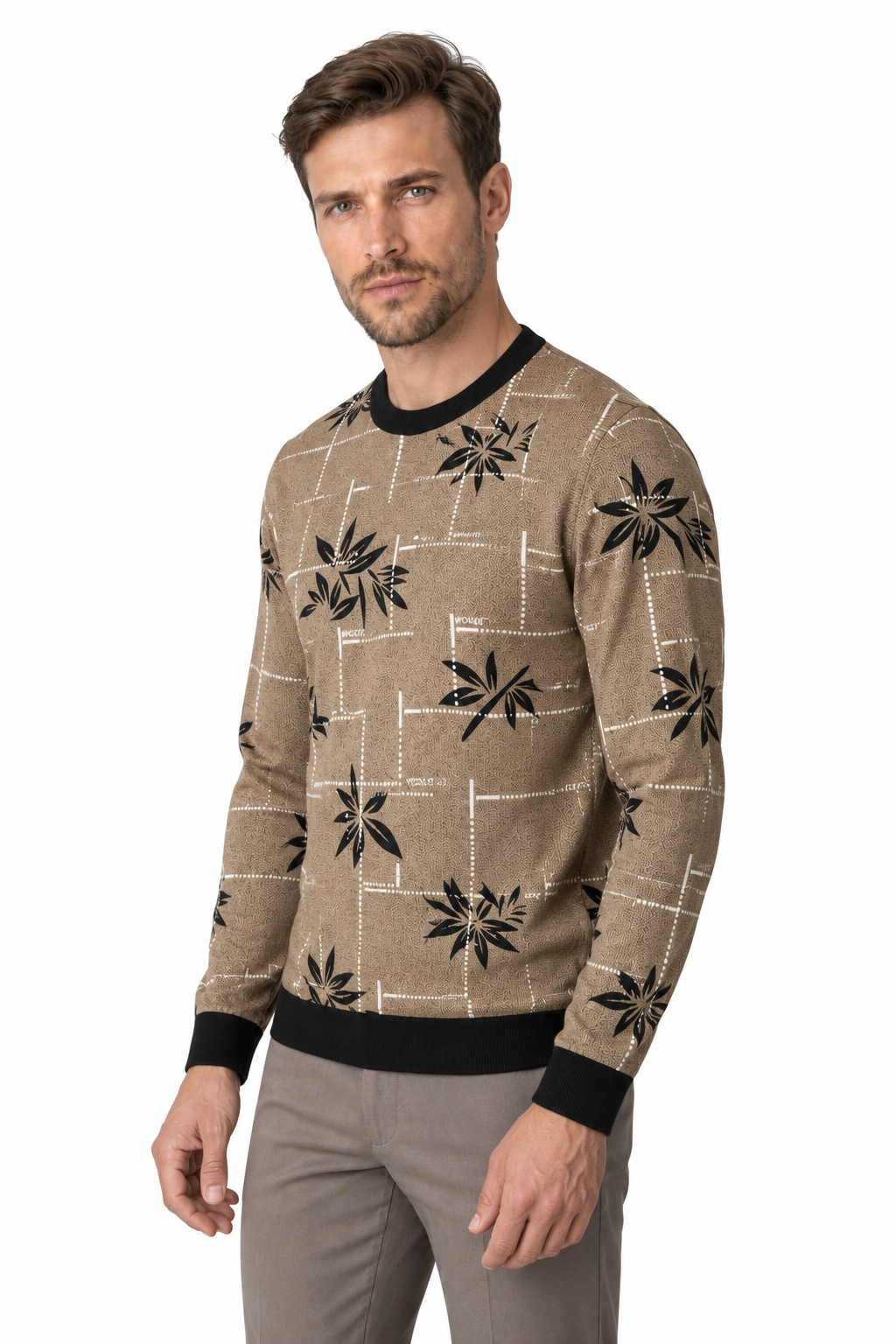 Ventorino Men's Sweater Geometric Pattern Crew Neck | Ventorino in Khaki — model three-quarter view