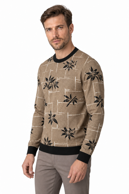 Ventorino Men's Sweater Geometric Pattern Crew Neck | Ventorino in Khaki — model three-quarter view