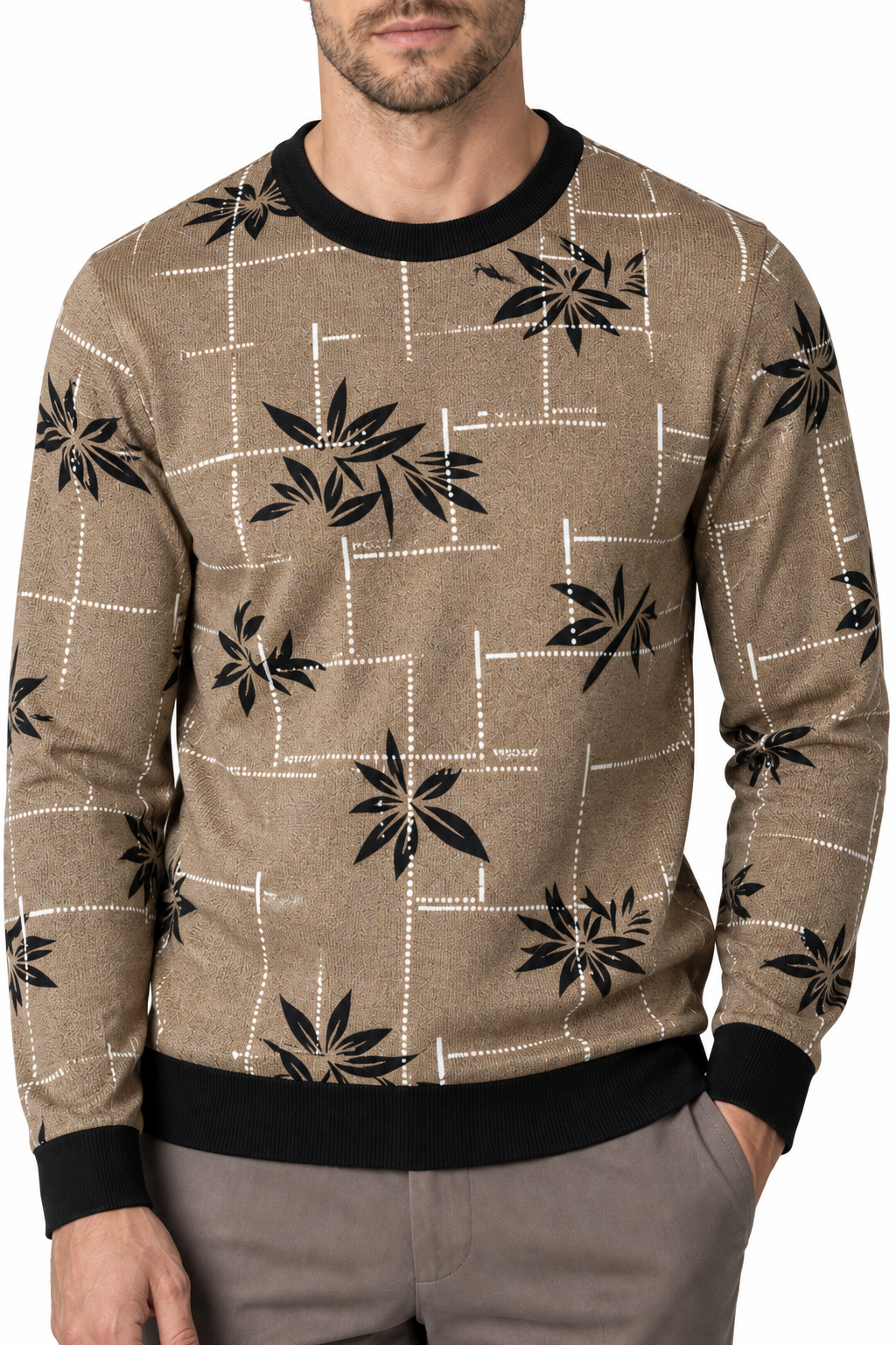 Ventorino Men's Sweater Geometric Pattern Crew Neck | Ventorino in Khaki — garment and fabric detail