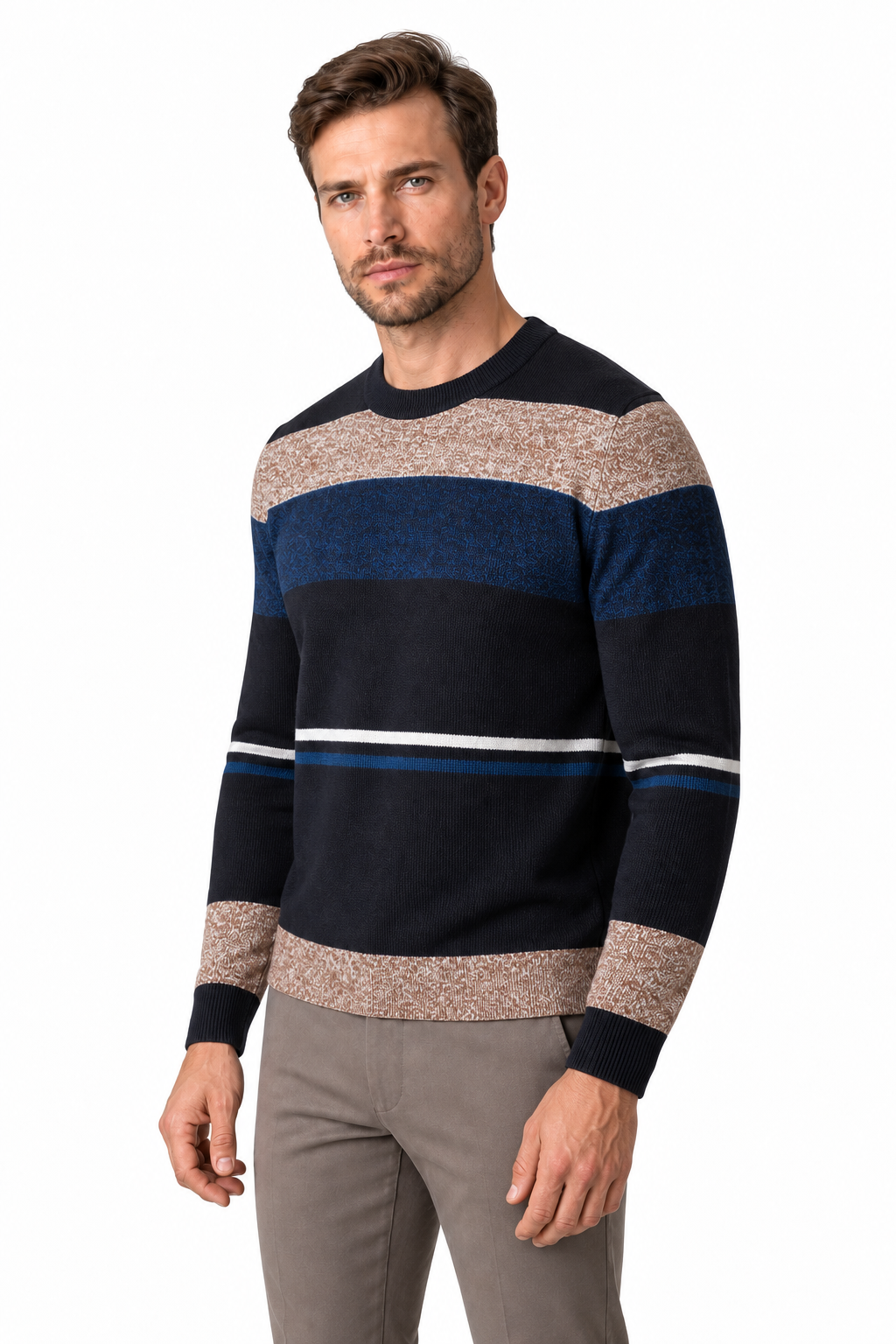 Ventorino Men's Sweater Geometric Pattern Crew Neck | Ventorino in Coffee — model three-quarter view