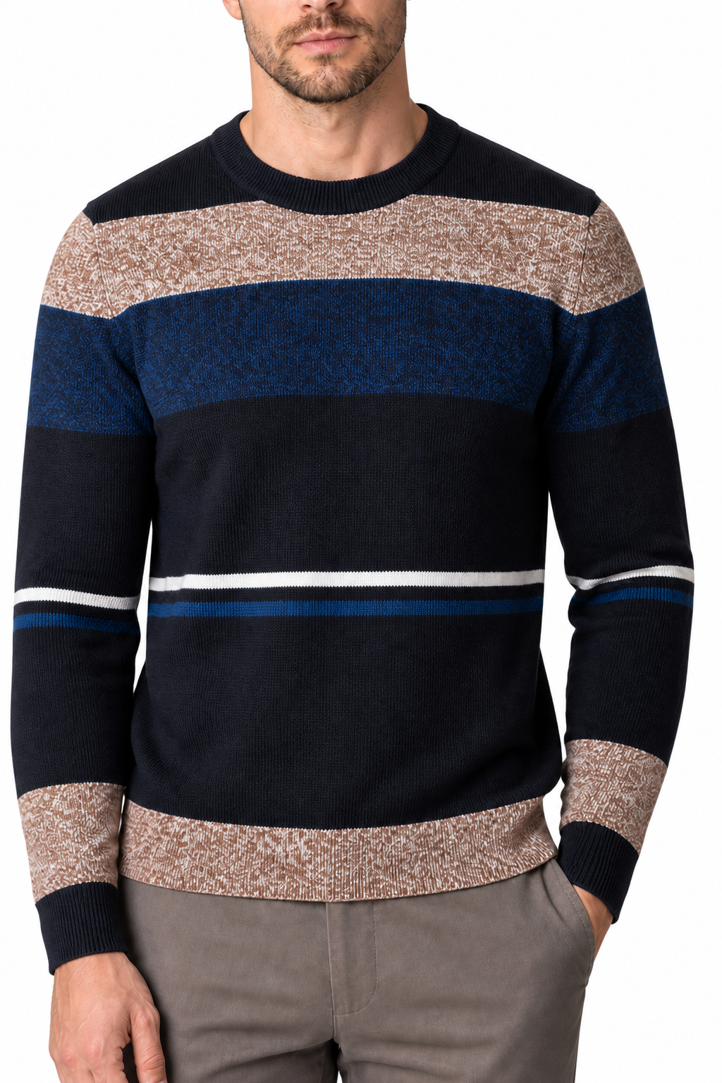 Ventorino Men's Sweater Geometric Pattern Crew Neck | Ventorino in Coffee — garment and fabric detail