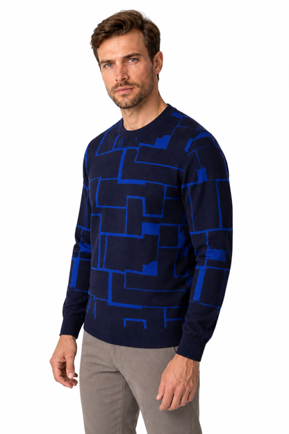 Ventorino Men's Sweater Geometric Pattern Crew Neck | Ventorino in Sky Blue — model three-quarter view