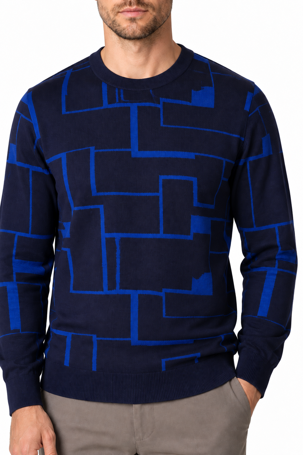 Ventorino Men's Sweater Geometric Pattern Crew Neck | Ventorino in Sky Blue — garment and fabric detail