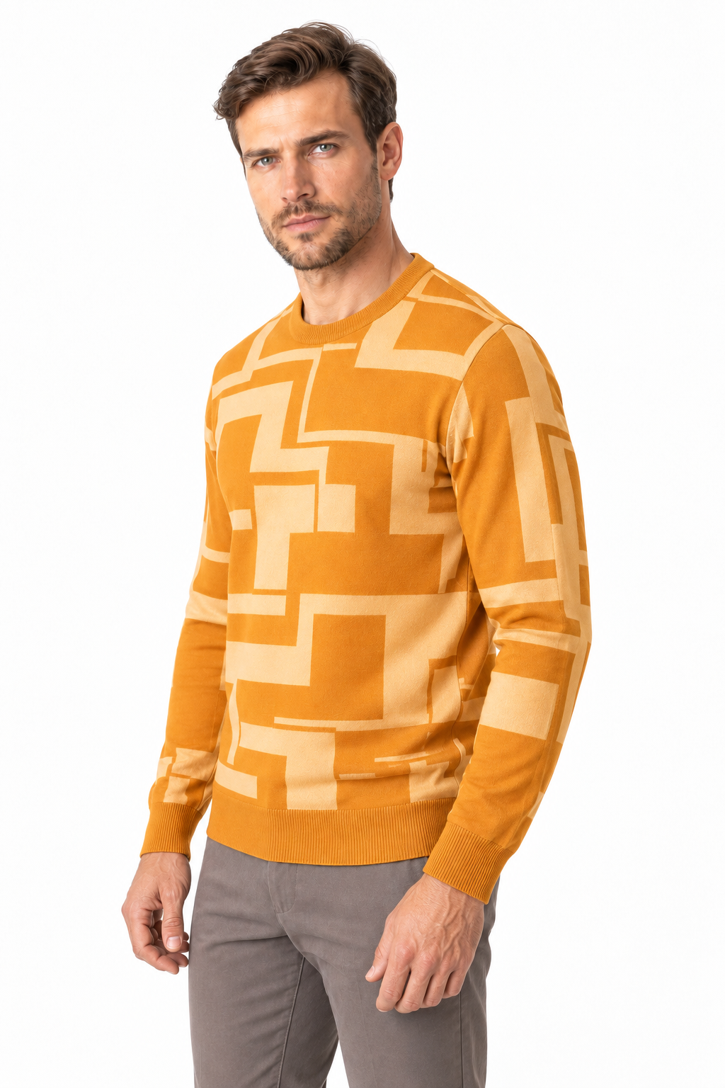Ventorino Men's Sweater Geometric Pattern Crew Neck | Ventorino in Ginger yellow — model three-quarter view