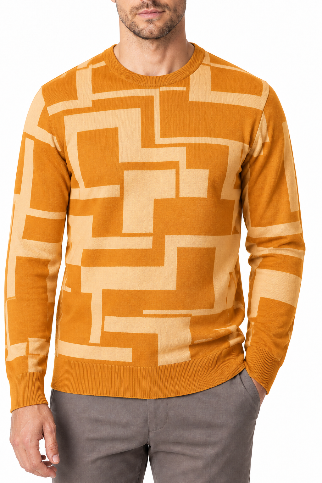 Ventorino Men's Sweater Geometric Pattern Crew Neck | Ventorino in Ginger yellow — garment and fabric detail