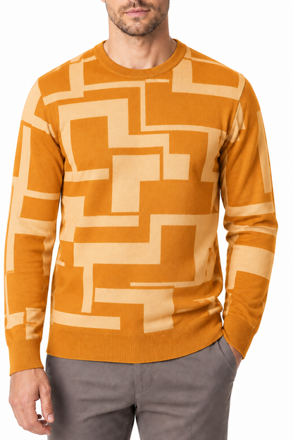 Ventorino Men's Sweater Geometric Pattern Crew Neck | Ventorino in Ginger yellow — garment and fabric detail