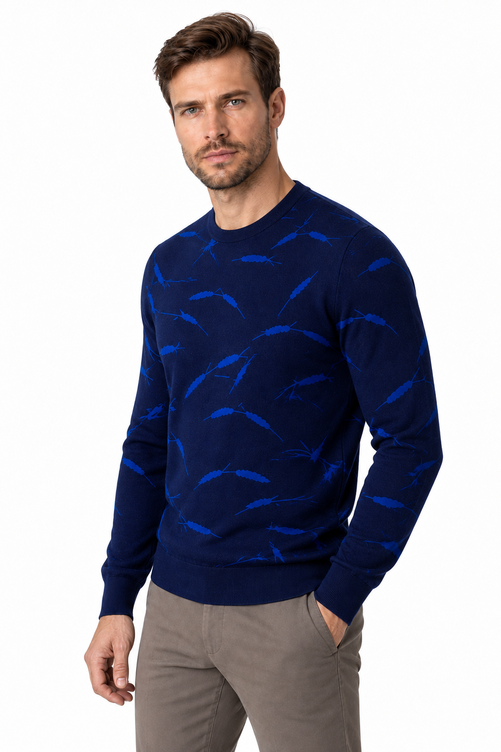 Ventorino Men's Sweater Geometric Pattern Crew Neck | Ventorino in Peacock blue — model three-quarter view