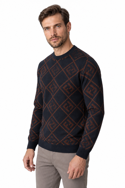 Ventorino Men's Sweater Geometric Pattern Crew Neck | Ventorino in Royal — model three-quarter view