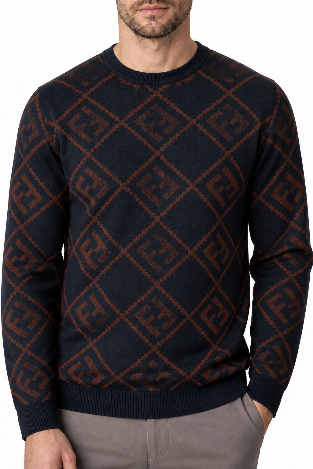 Ventorino Men's Sweater Geometric Pattern Crew Neck | Ventorino in Royal — garment and fabric detail