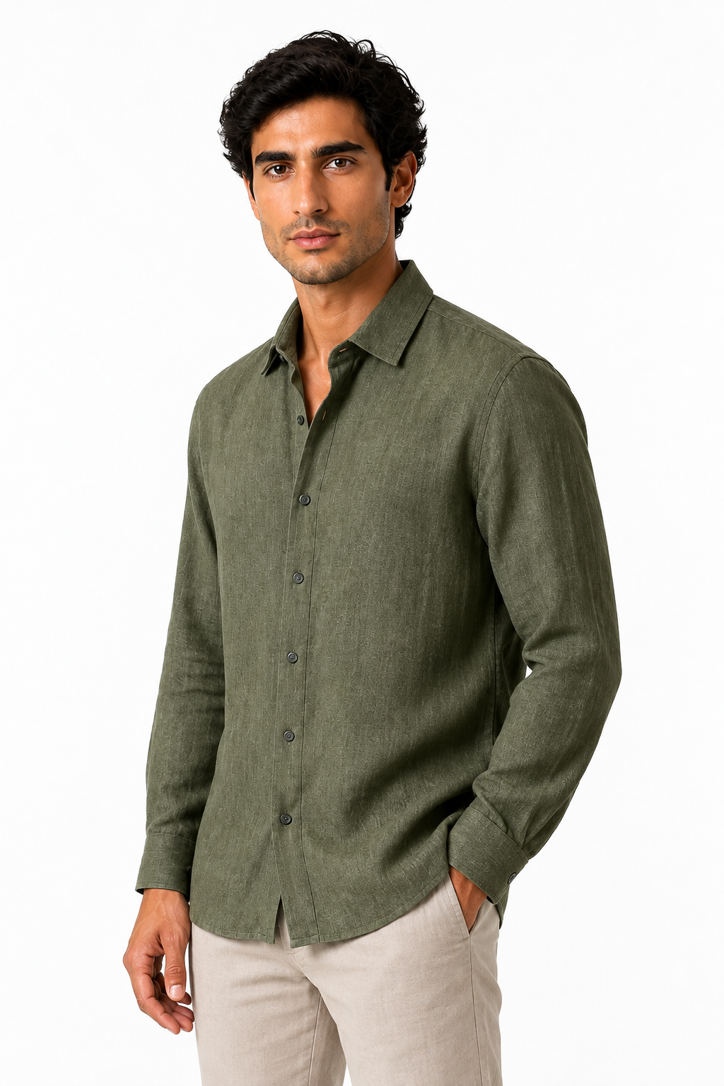 Ventorino relaxed long-sleeve button-up in army green — model view