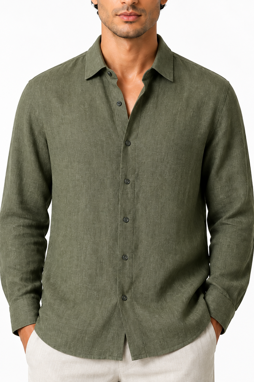 Ventorino relaxed long-sleeve button-up in army green — woven fabric and collar detail