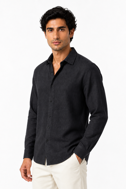 Ventorino relaxed long-sleeve button-up in black — model view