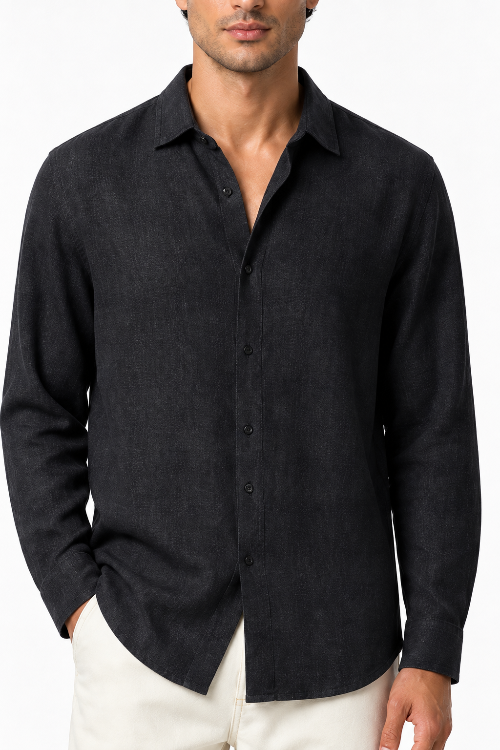 Ventorino relaxed long-sleeve button-up in black — woven fabric and collar detail