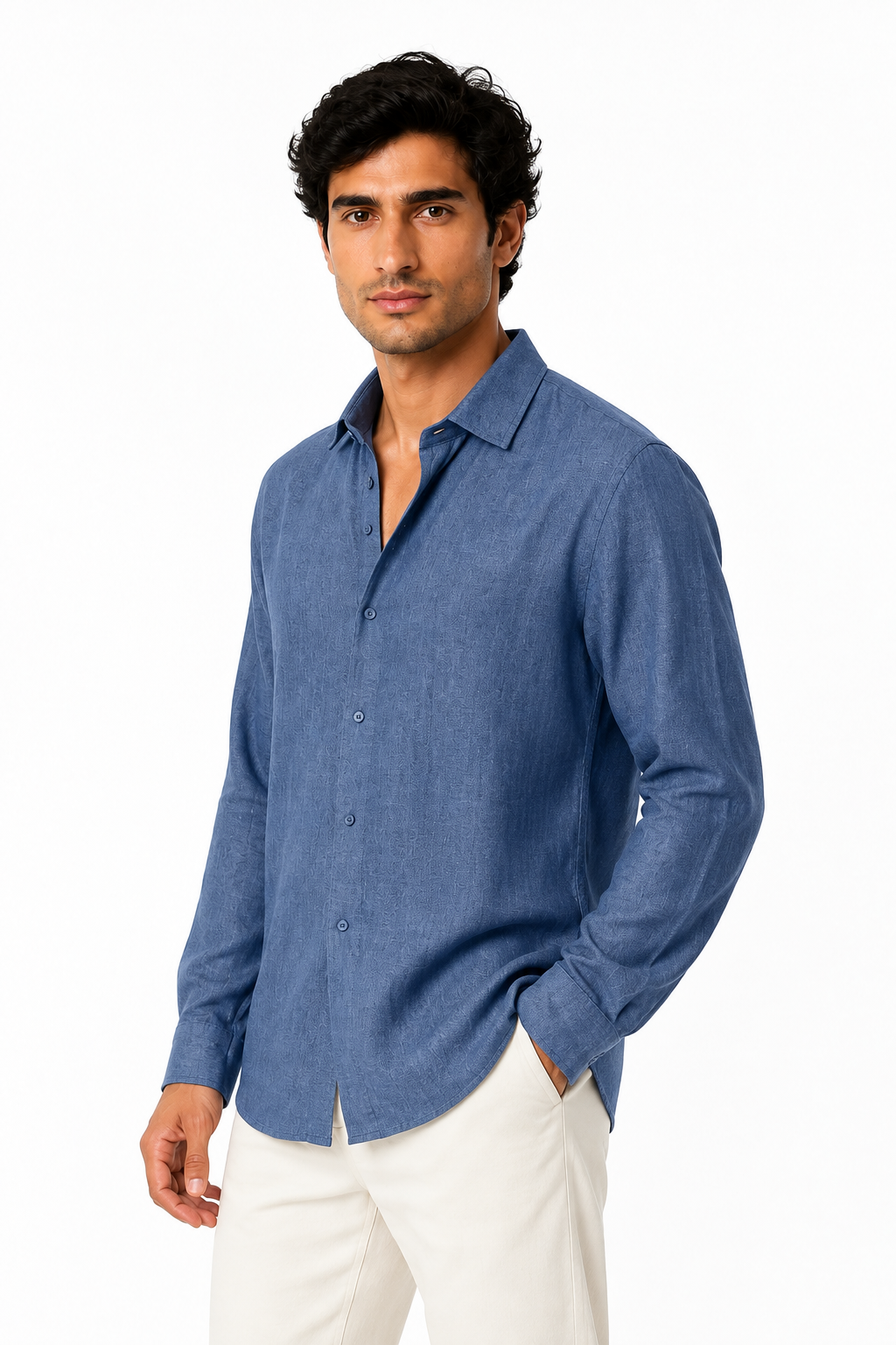 Ventorino relaxed long-sleeve button-up in blue — model view