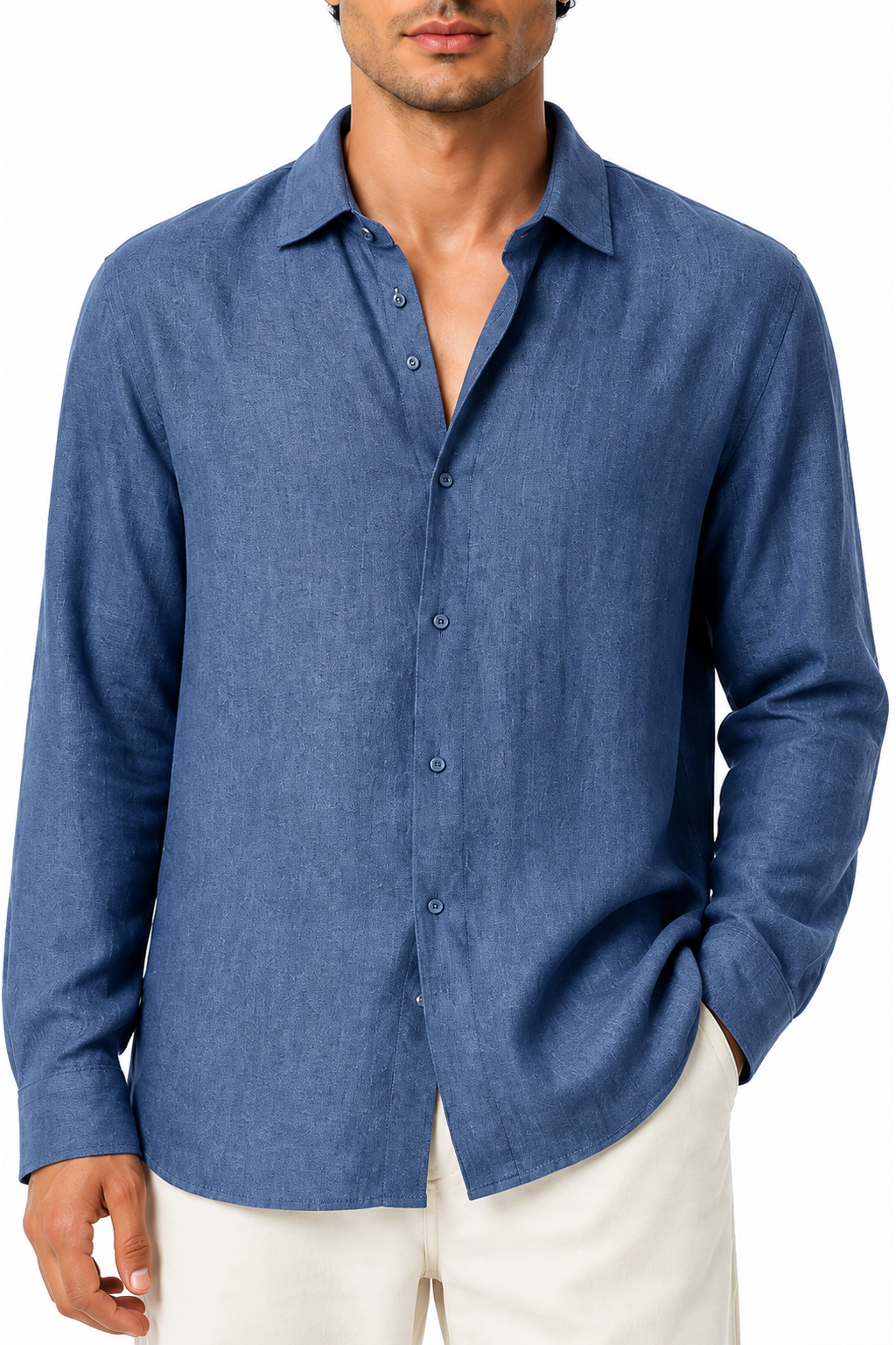 Ventorino relaxed long-sleeve button-up in blue — woven fabric and collar detail