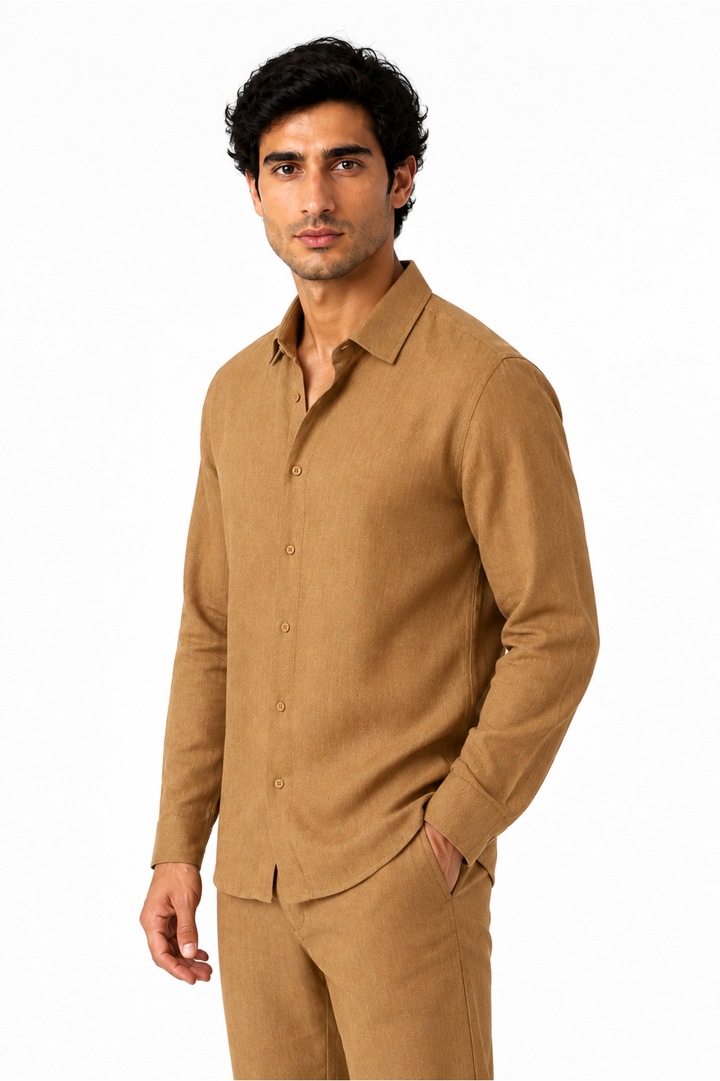 Ventorino relaxed long-sleeve button-up in ginger — model view