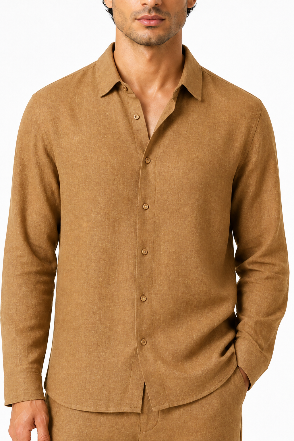 Ventorino relaxed long-sleeve button-up in ginger — woven fabric and collar detail