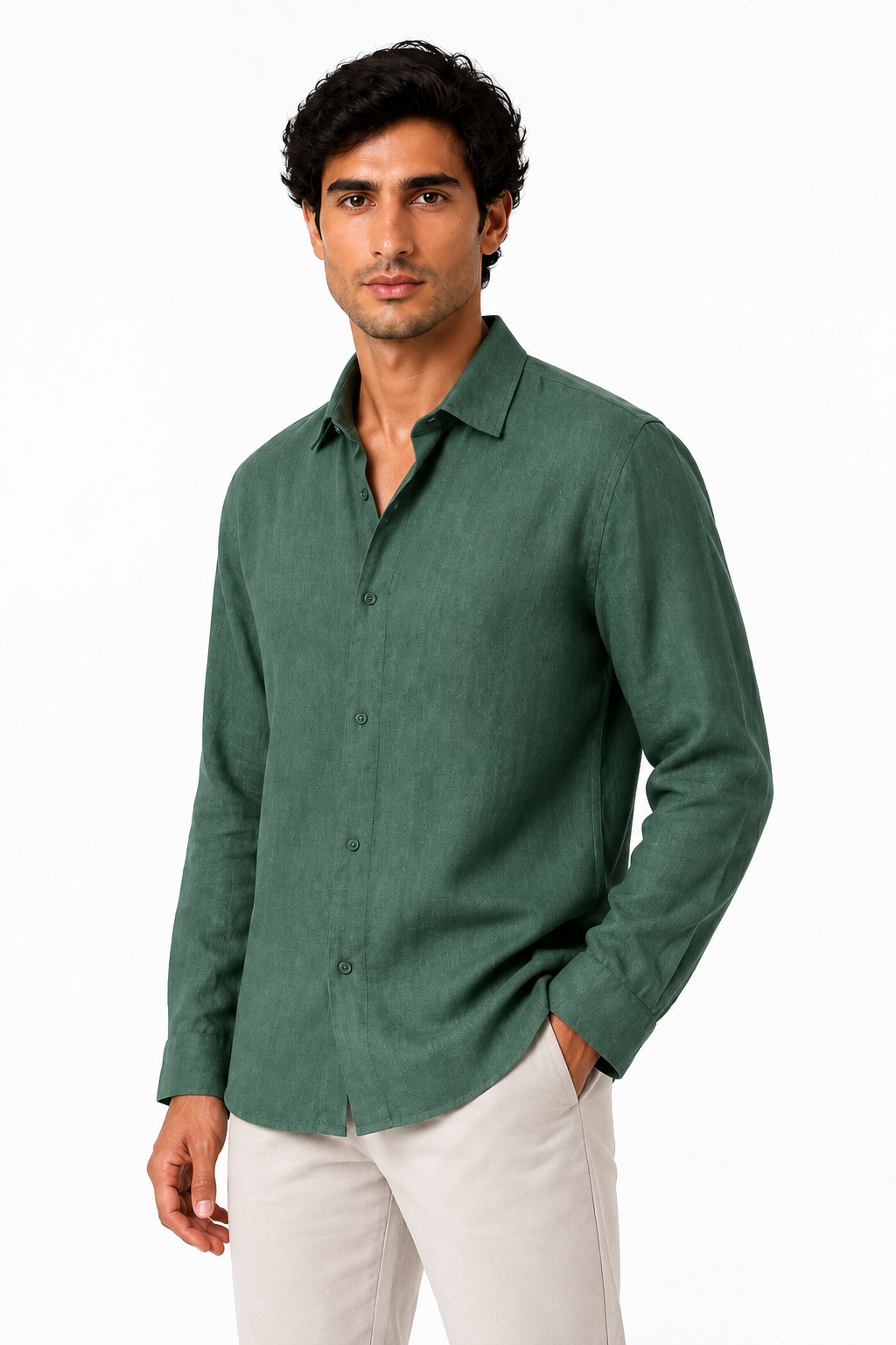 Ventorino relaxed long-sleeve button-up in green — model view