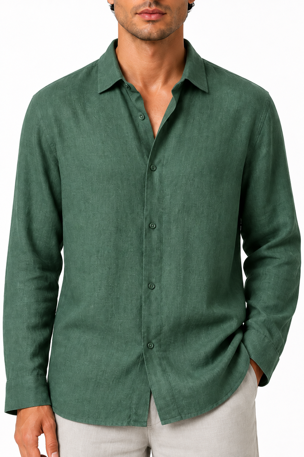 Ventorino relaxed long-sleeve button-up in green — woven fabric and collar detail