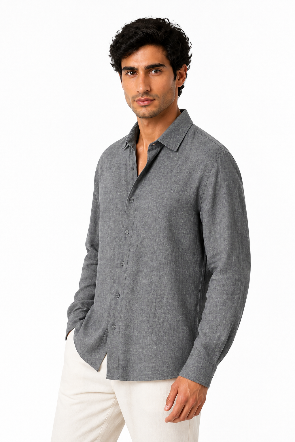 Ventorino relaxed long-sleeve button-up in grey — model view