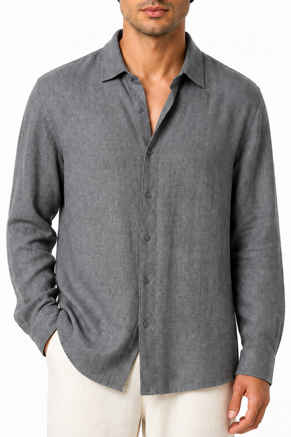 Ventorino relaxed long-sleeve button-up in grey — woven fabric and collar detail