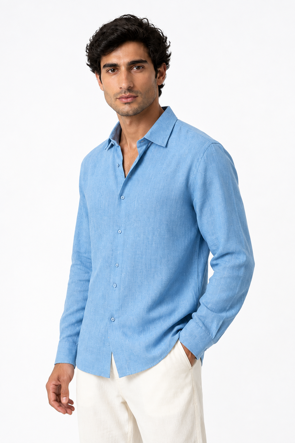 Ventorino relaxed long-sleeve button-up in light blue — model view