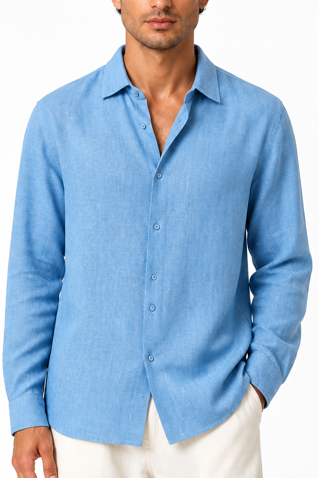 Ventorino relaxed long-sleeve button-up in light blue — woven fabric and collar detail