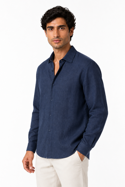 Ventorino relaxed long-sleeve button-up in navy blue — model view