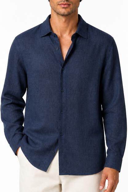 Ventorino relaxed long-sleeve button-up in navy blue — woven fabric and collar detail