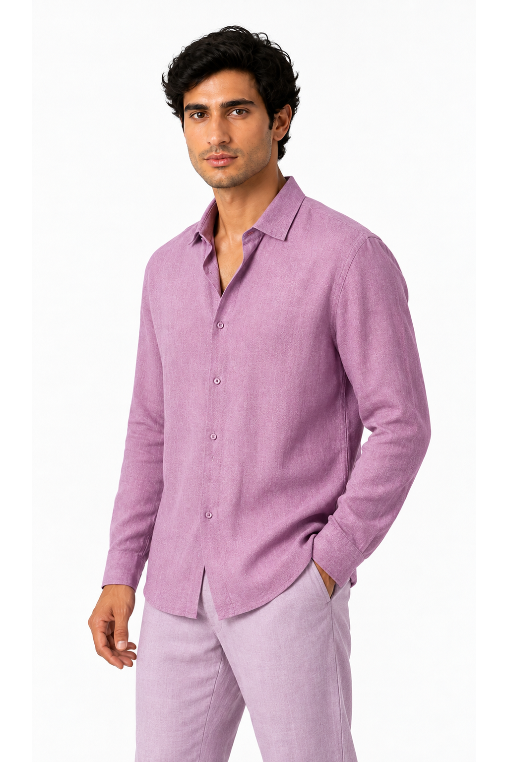 Ventorino relaxed long-sleeve button-up in pink — model view