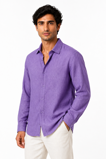 Ventorino relaxed long-sleeve button-up in purple — model view