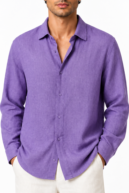 Ventorino relaxed long-sleeve button-up in purple — woven fabric and collar detail