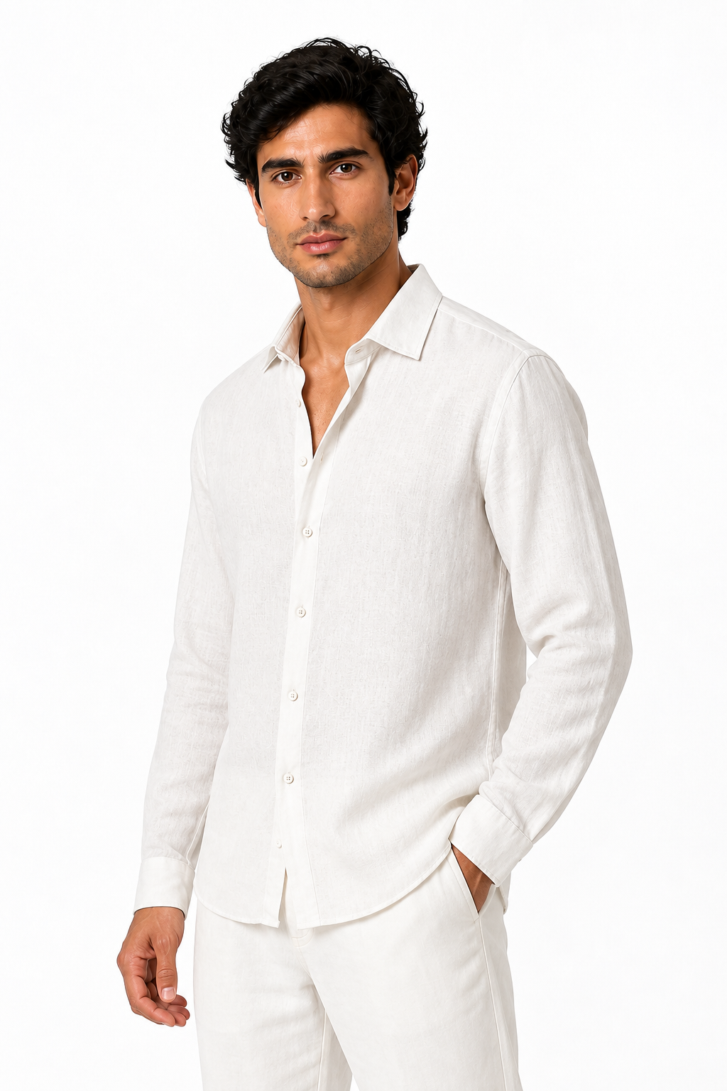 Ventorino relaxed long-sleeve button-up in white — model view
