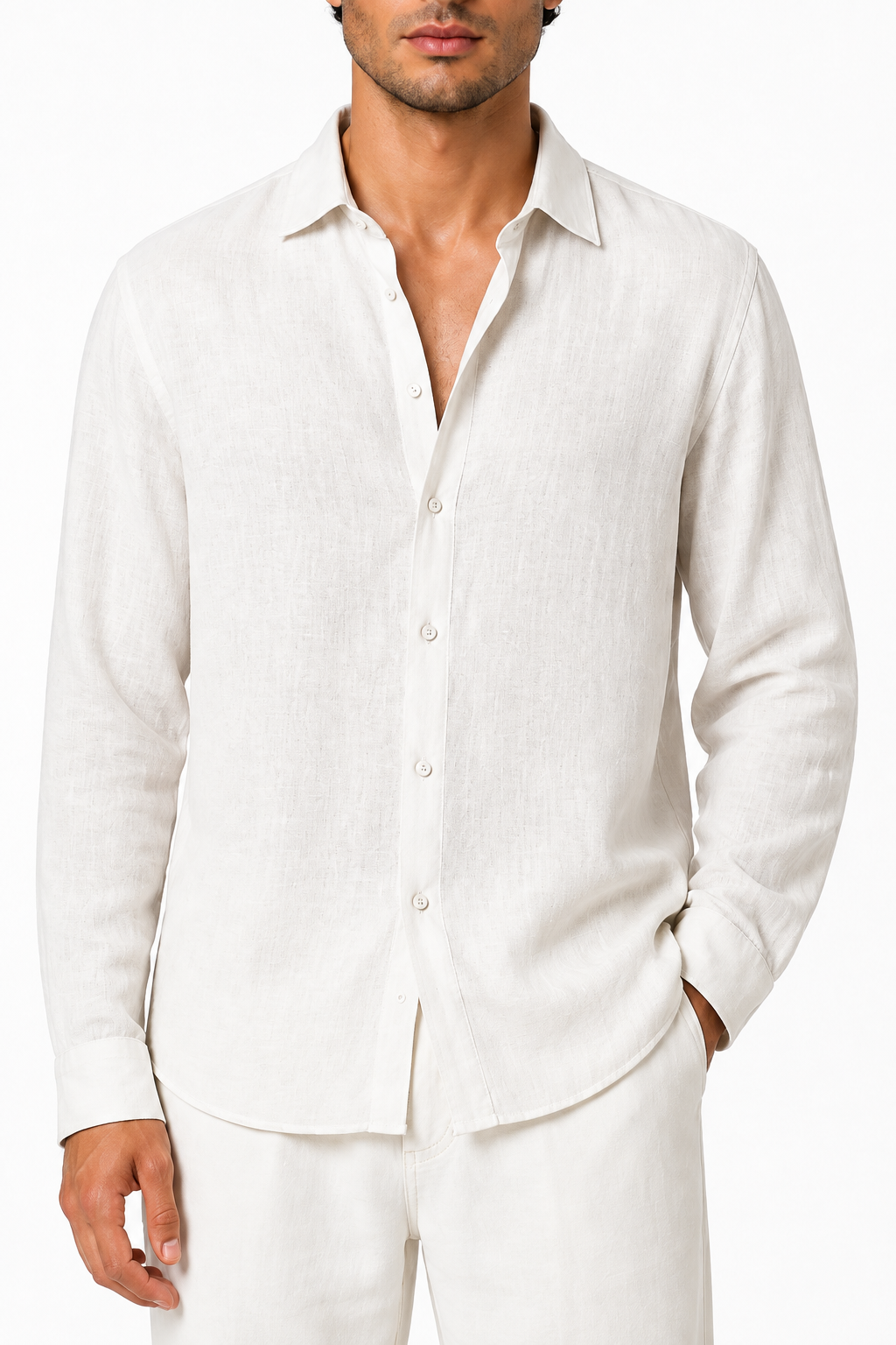 Ventorino relaxed long-sleeve button-up in white — woven fabric and collar detail