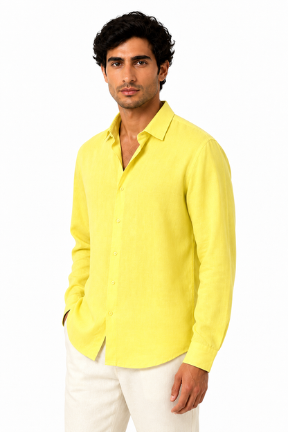 Ventorino relaxed long-sleeve button-up in yellow — model view