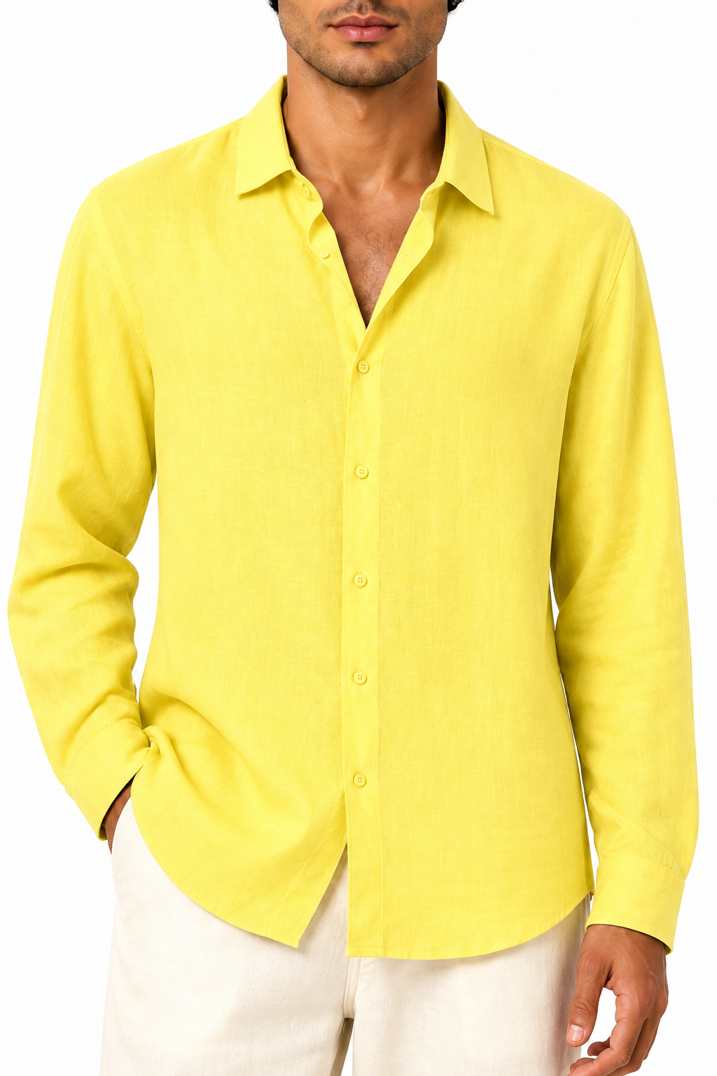 Ventorino relaxed long-sleeve button-up in yellow — woven fabric and collar detail