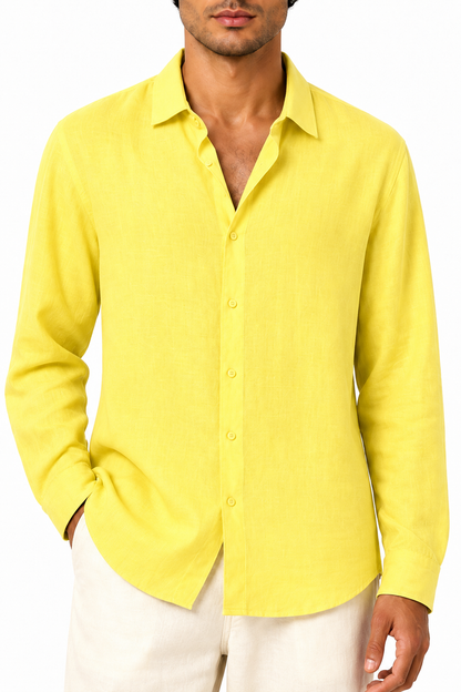 Ventorino relaxed long-sleeve button-up in yellow — woven fabric and collar detail