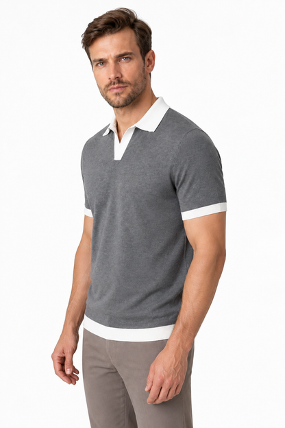 Ventorino Men's Knit Polo Contrast Collar Textured Finish | Ventorino in Gray — model three-quarter view