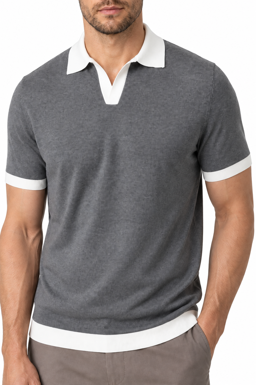 Ventorino Men's Knit Polo Contrast Collar Textured Finish | Ventorino in Gray — garment and fabric detail