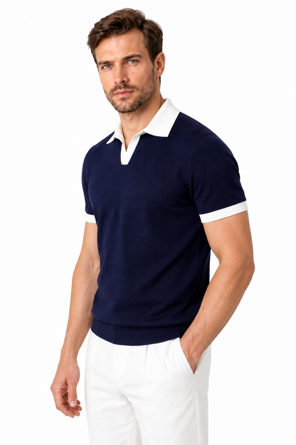 Ventorino Men's Knit Polo Contrast Collar Textured Finish | Ventorino in Dark Blue — model three-quarter view