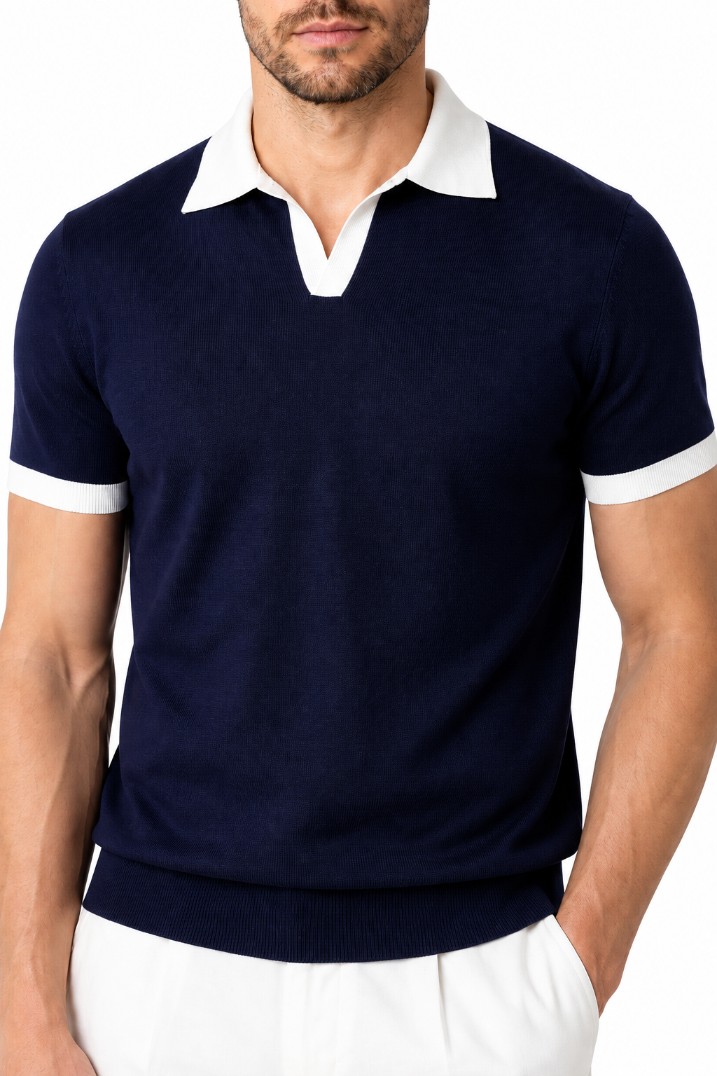 Ventorino Men's Knit Polo Contrast Collar Textured Finish | Ventorino in Dark Blue — garment and fabric detail