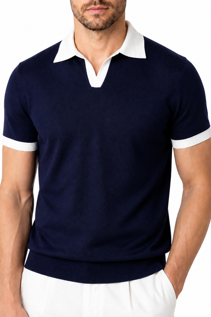 Ventorino Men's Knit Polo Contrast Collar Textured Finish | Ventorino in Dark Blue — garment and fabric detail