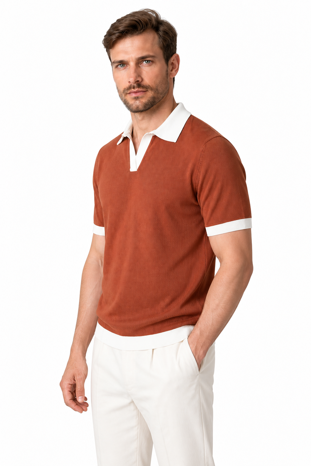 Ventorino Men's Knit Polo Contrast Collar Textured Finish | Ventorino in Brown — model three-quarter view